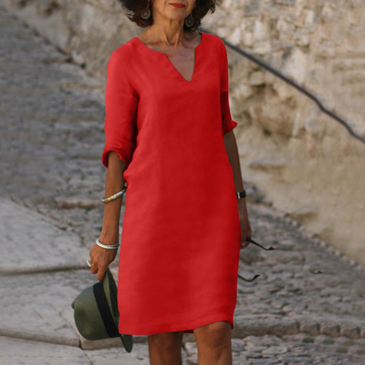 Straight Silhouette Split Neck Loose Fit Midi Dress