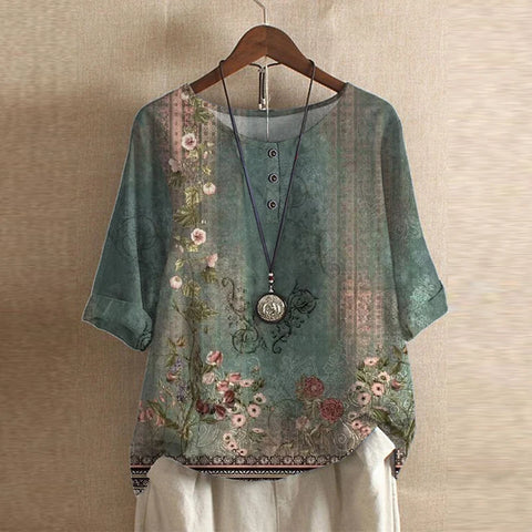 Graphic Crew Neck Curved Hem Medium Sleeve Blouse