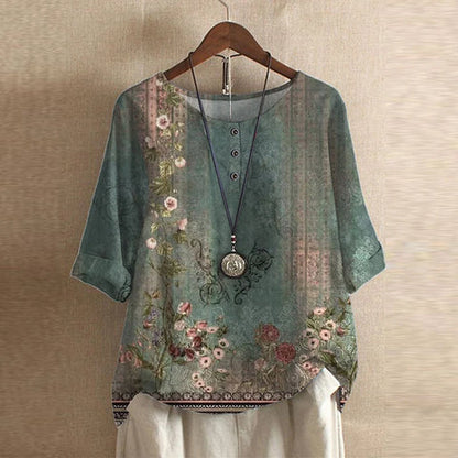 Graphic Crew Neck Curved Hem Medium Sleeve Blouse