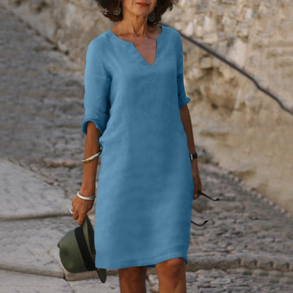Straight Silhouette Split Neck Loose Fit Midi Dress