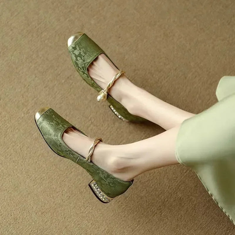 Twisted Strap Low Chunky Heel Patterned Shoes