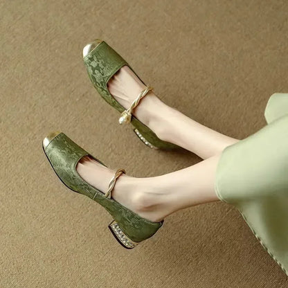 Twisted Strap Low Chunky Heel Patterned Shoes