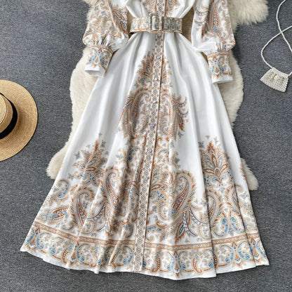 Paisley Printed Belted Bishop Sleeve Maxi Dress