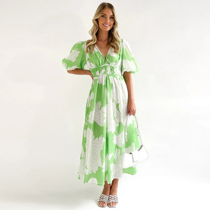 Floral Patterned Short Puff Sleeve Dress