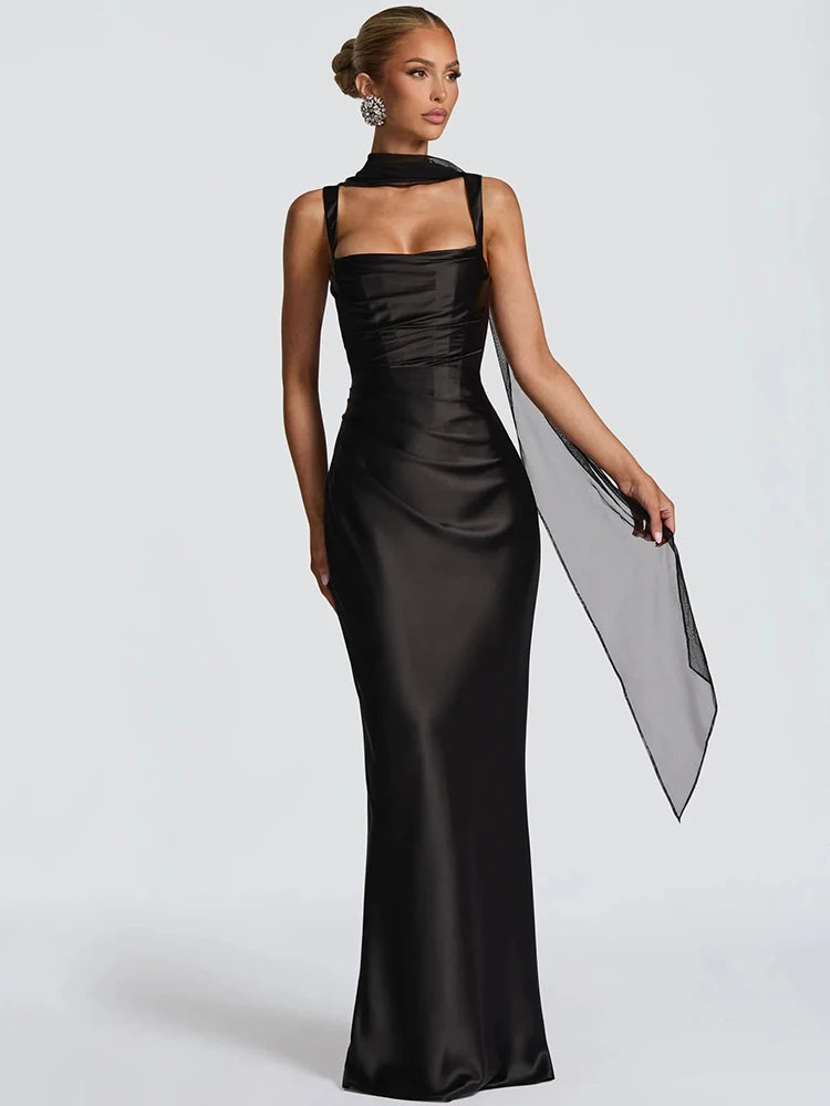 Square Strapped Sleeveless Ruched Fitted Long Dress
