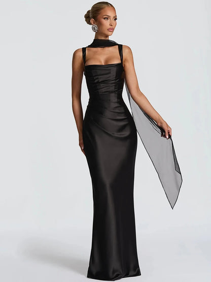 Square Strapped Sleeveless Ruched Fitted Long Dress
