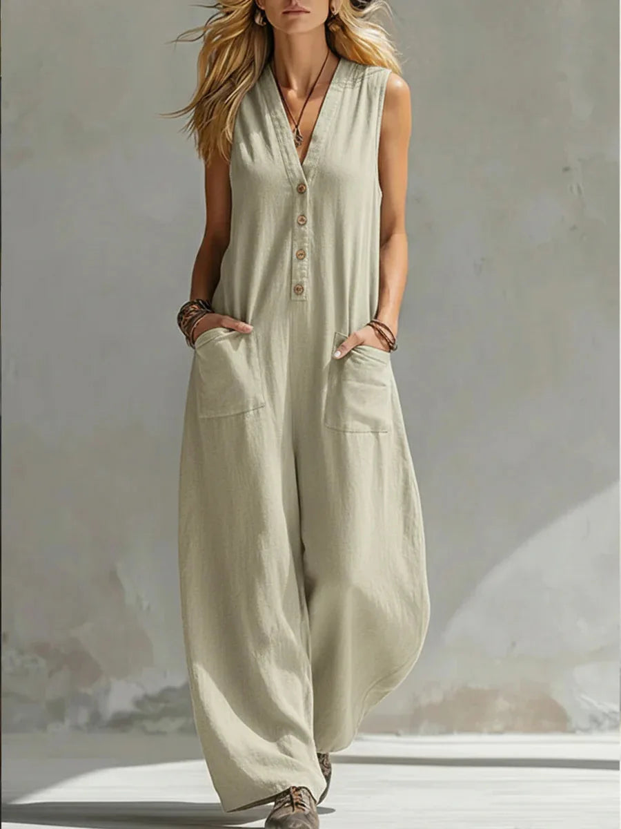 Sleeveless Buttoned Pocketed Relaxed Wide Long Jumpsuit