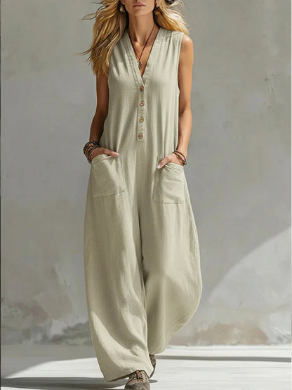 Sleeveless Buttoned Pocketed Relaxed Wide Long Jumpsuit