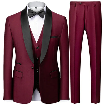 Slim Solid Satin Lapel V Neck Tailored Three Piece Set Suit