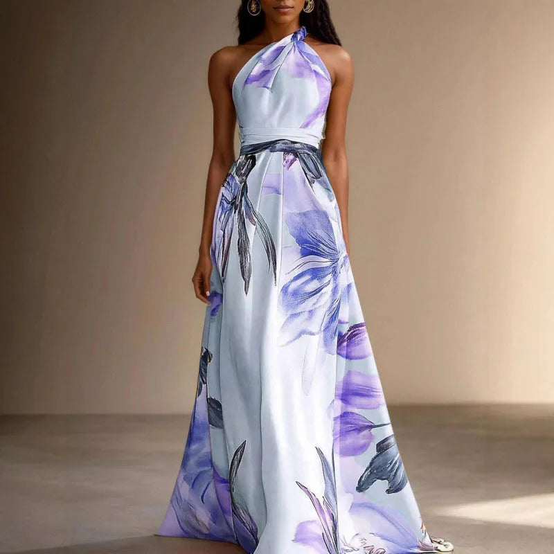 Floral Halter Sleeveless Gathered Long Dress