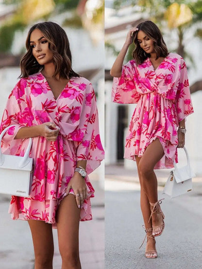 Printed Sleeve Tiered Mini Dress
