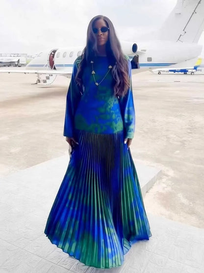 Floral Flared Pleated Long Buttoned Dress