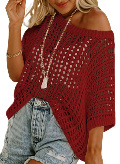 Women's Off-Shoulder Crochet Knit Cropped Sweater