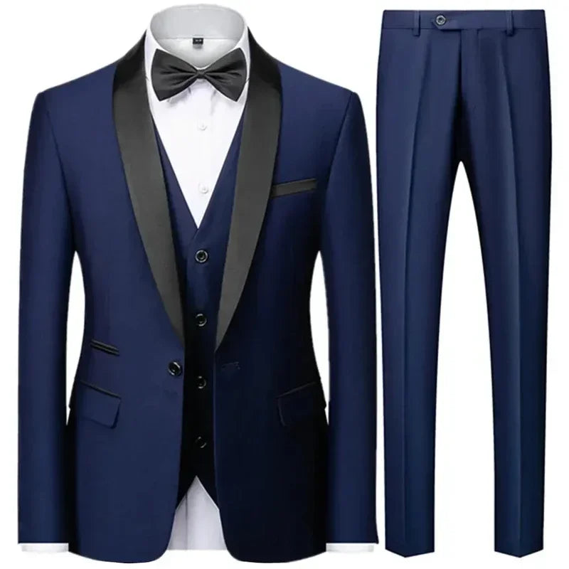 Slim Solid Satin Lapel V Neck Tailored Three Piece Set Suit