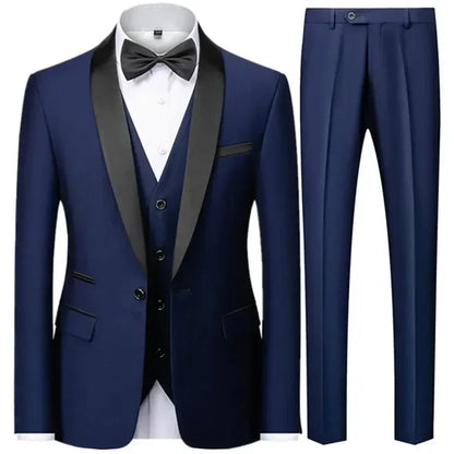 Slim Solid Satin Lapel V Neck Tailored Three Piece Set Suit