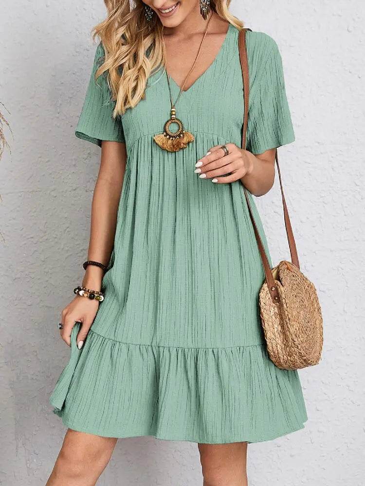 Textured Tiered Gathered Flared Short Relaxed Dress