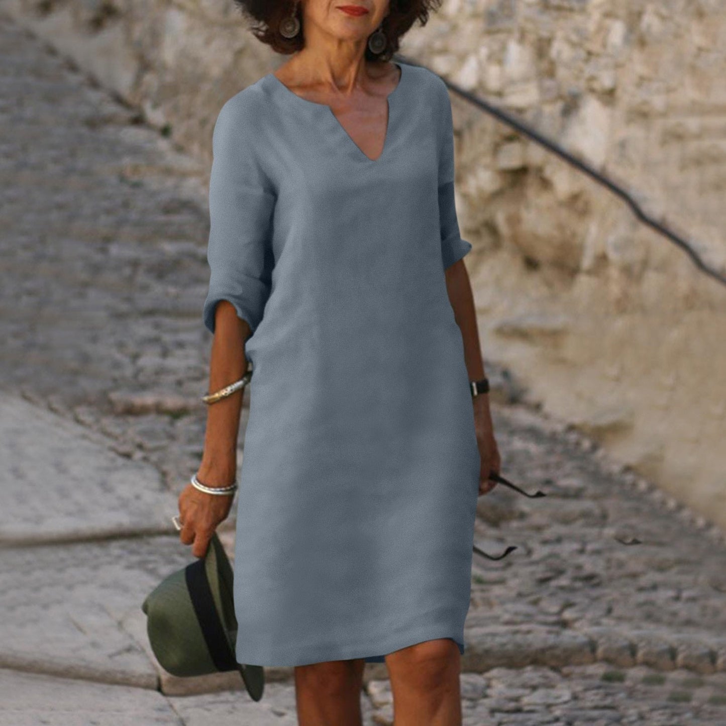 Straight Silhouette Split Neck Loose Fit Midi Dress