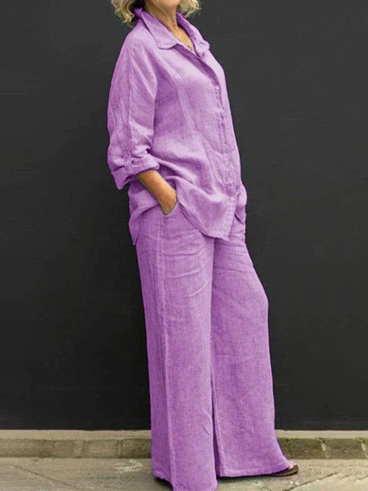 Collared Buttoned Loose Wide Leg Pocketed Set