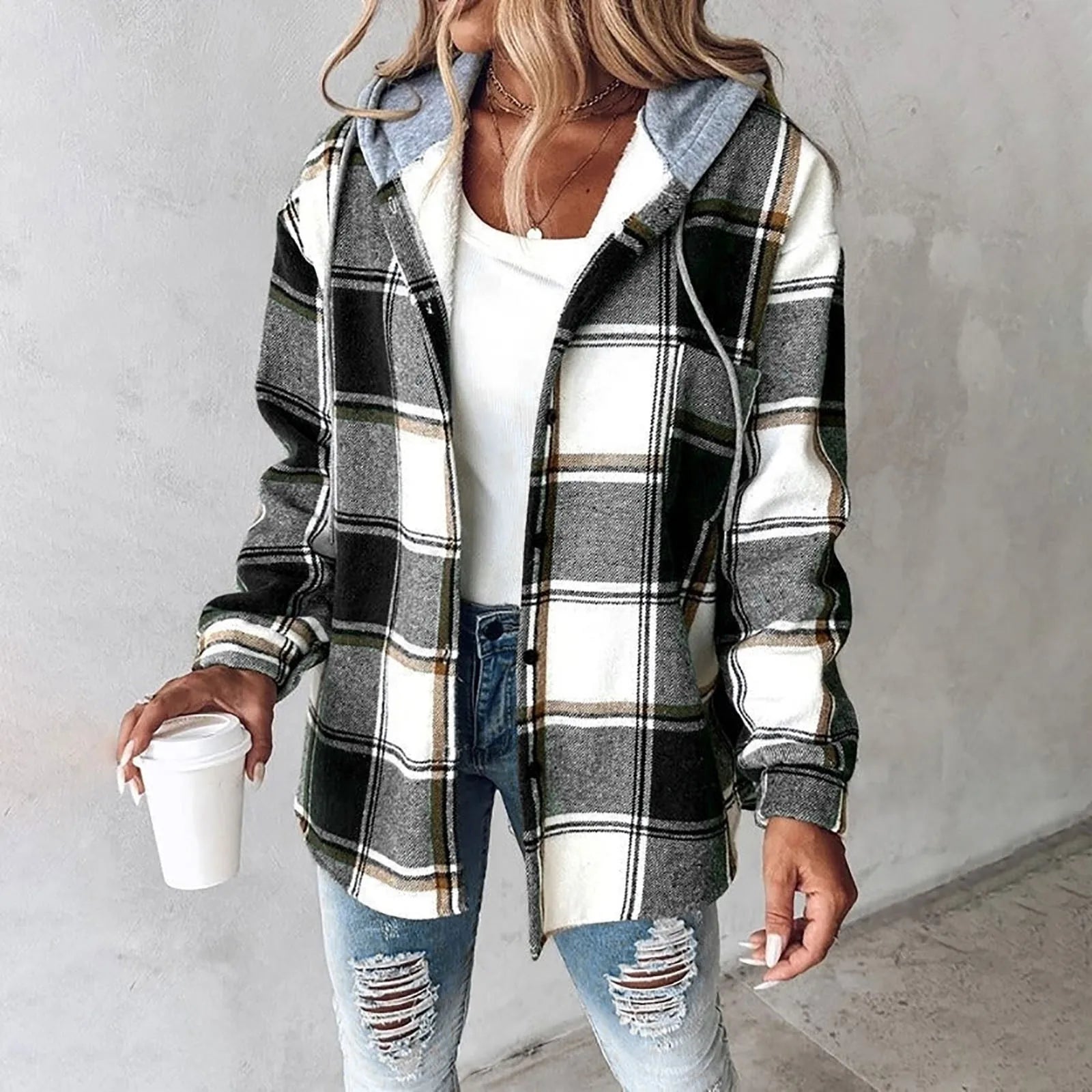 Women's Hooded Plaid Shirt Jacket