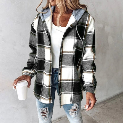 Women's Hooded Plaid Shirt Jacket