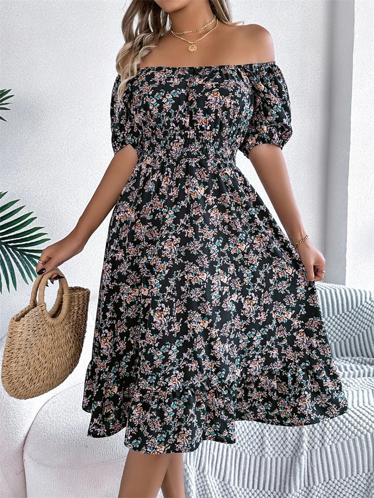 Square Neck Smocked Puff Sleeve Floral Midi Dress