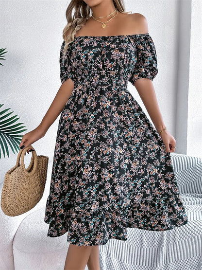 Square Neck Smocked Puff Sleeve Floral Midi Dress