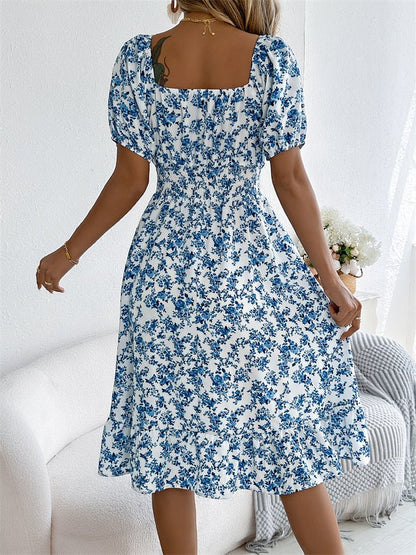 Square Neck Smocked Puff Sleeve Floral Midi Dress