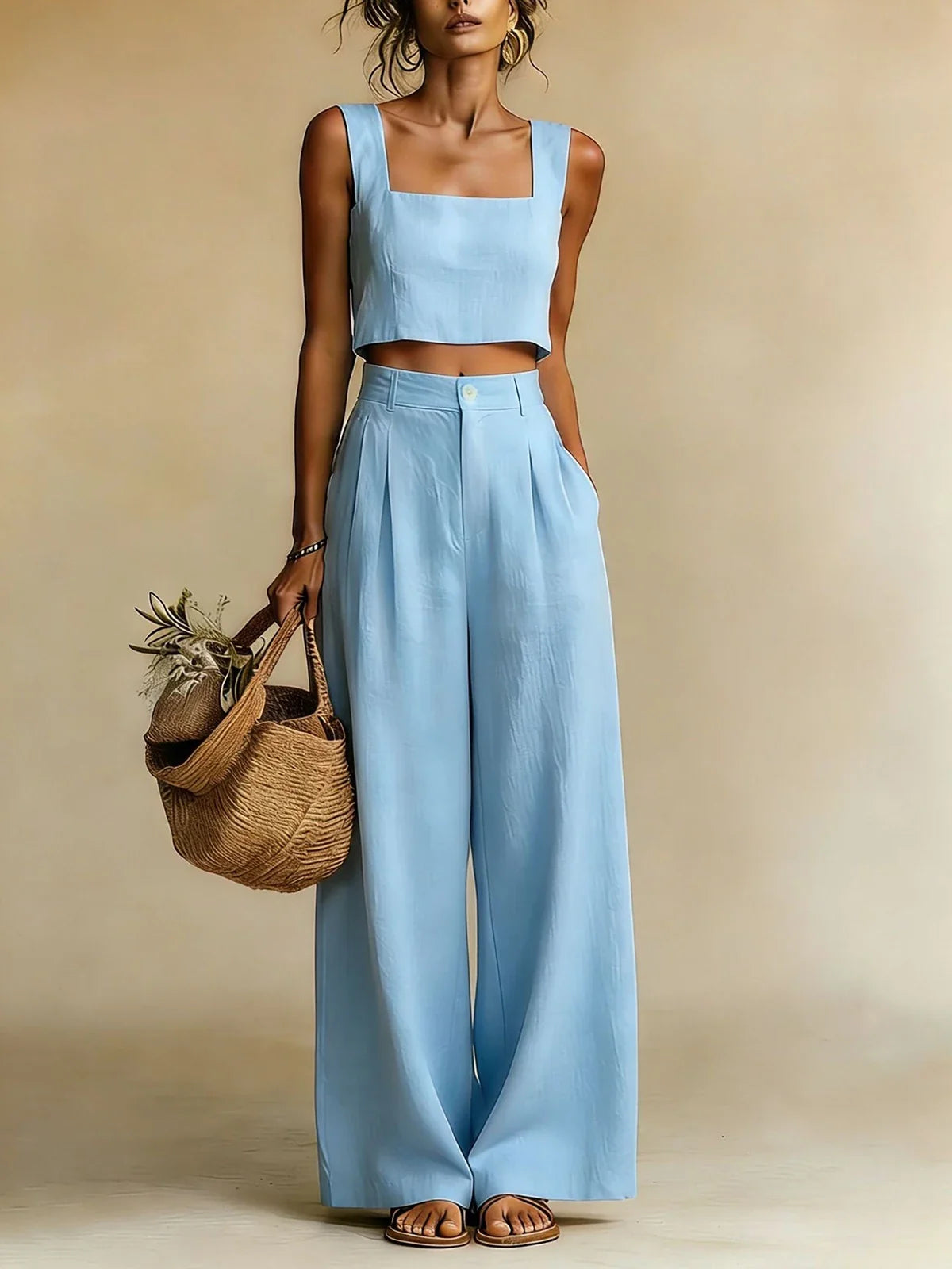 Cropped Sleeveless Pleated Wide Pocketed Set