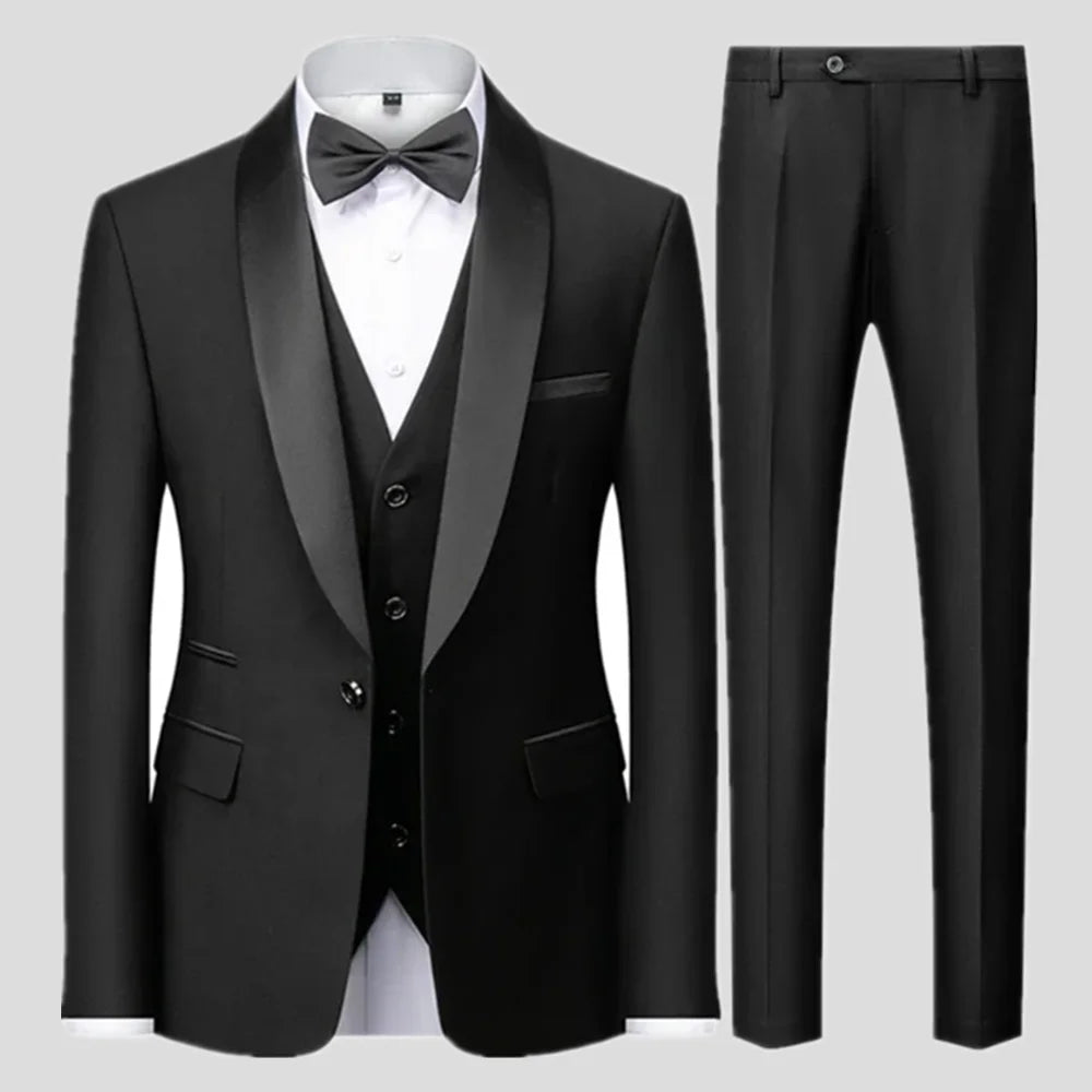 Slim Solid Satin Lapel V Neck Tailored Three Piece Set Suit