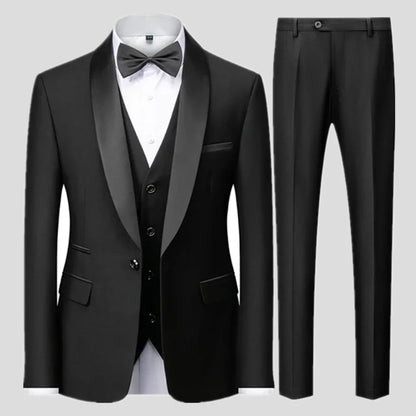 Slim Solid Satin Lapel V Neck Tailored Three Piece Set Suit