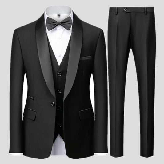 Slim Solid Satin Lapel V Neck Tailored Three Piece Set Suit