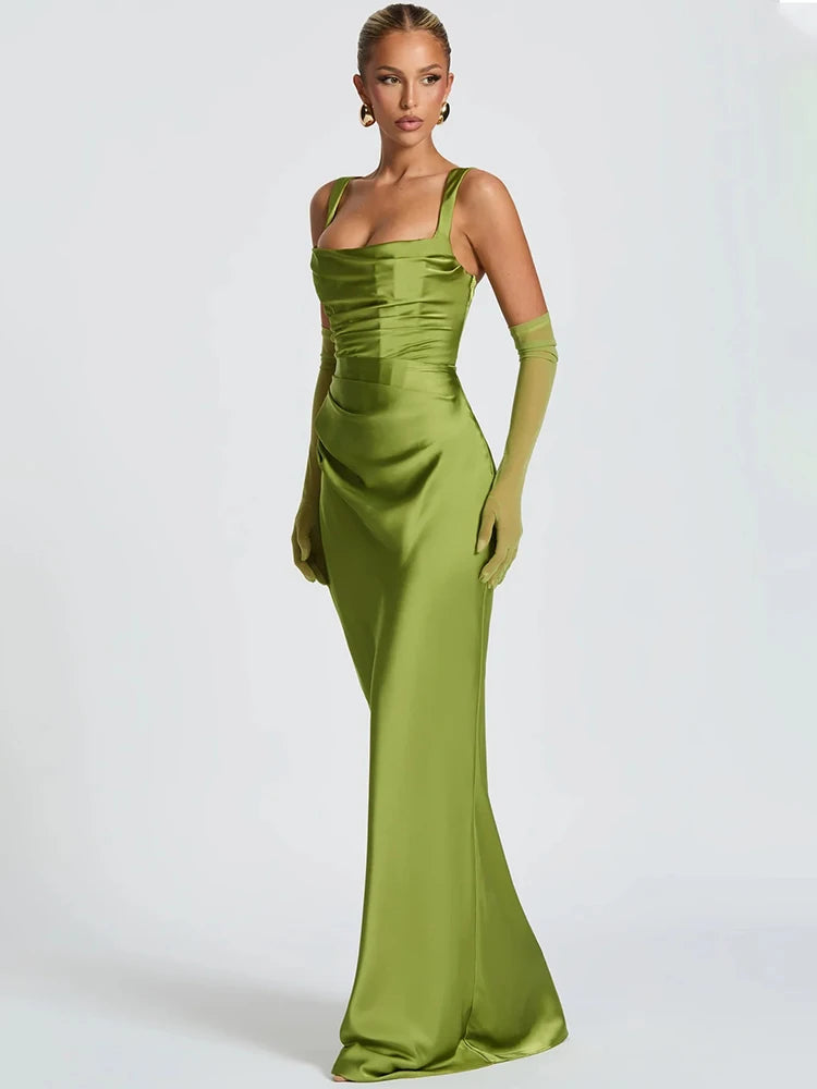 Square Strapped Sleeveless Ruched Fitted Long Dress