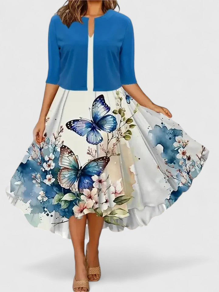 Floral Printed Layered Flared Sleeved Midi Dress