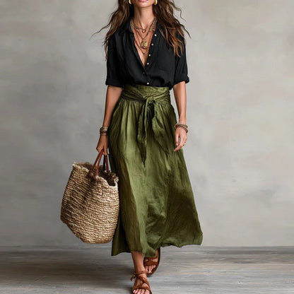 Collared Buttoned Pocketed Tied Gathered Maxi Set