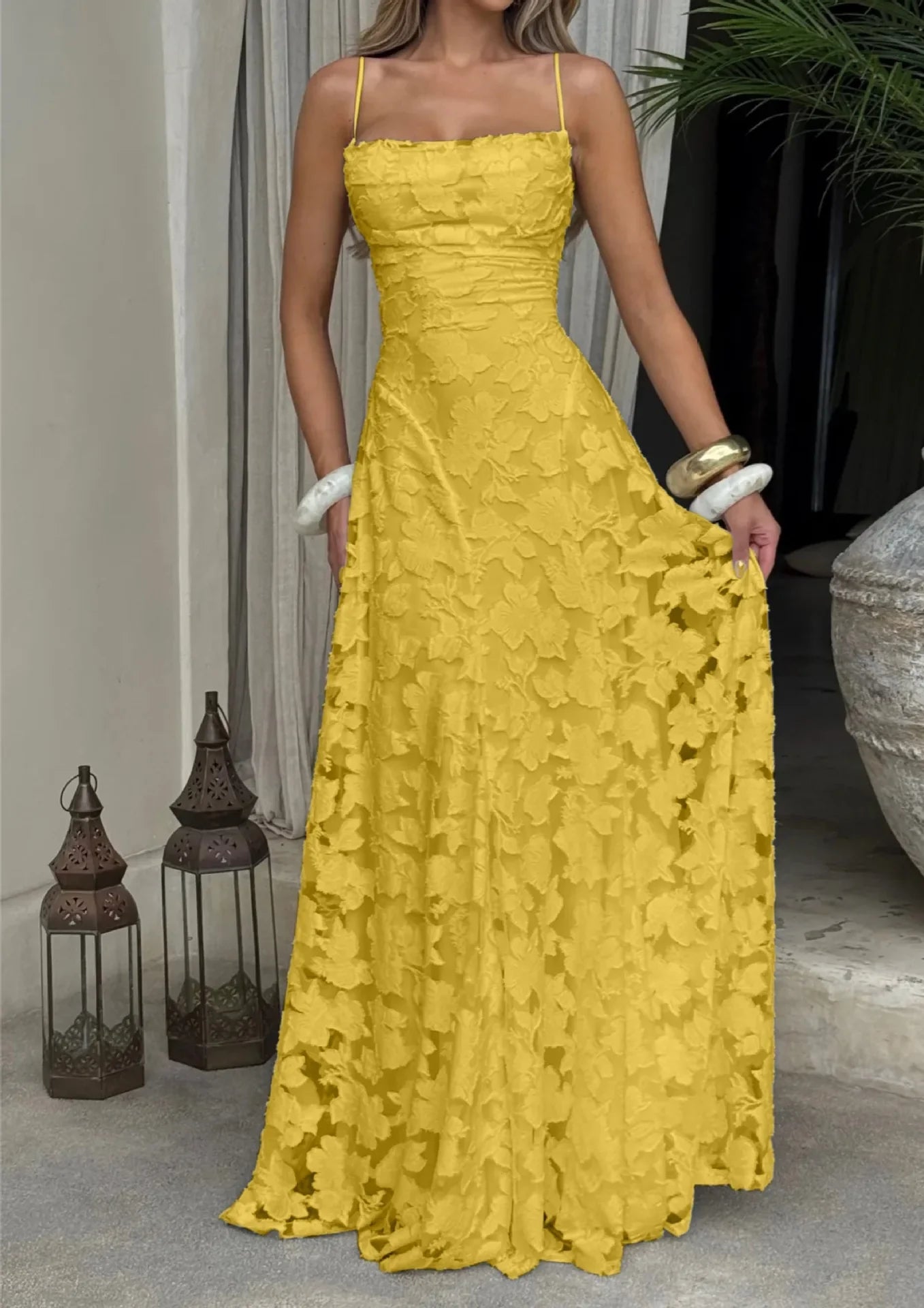 Strappy Ruched Textured Flared Maxi Dress