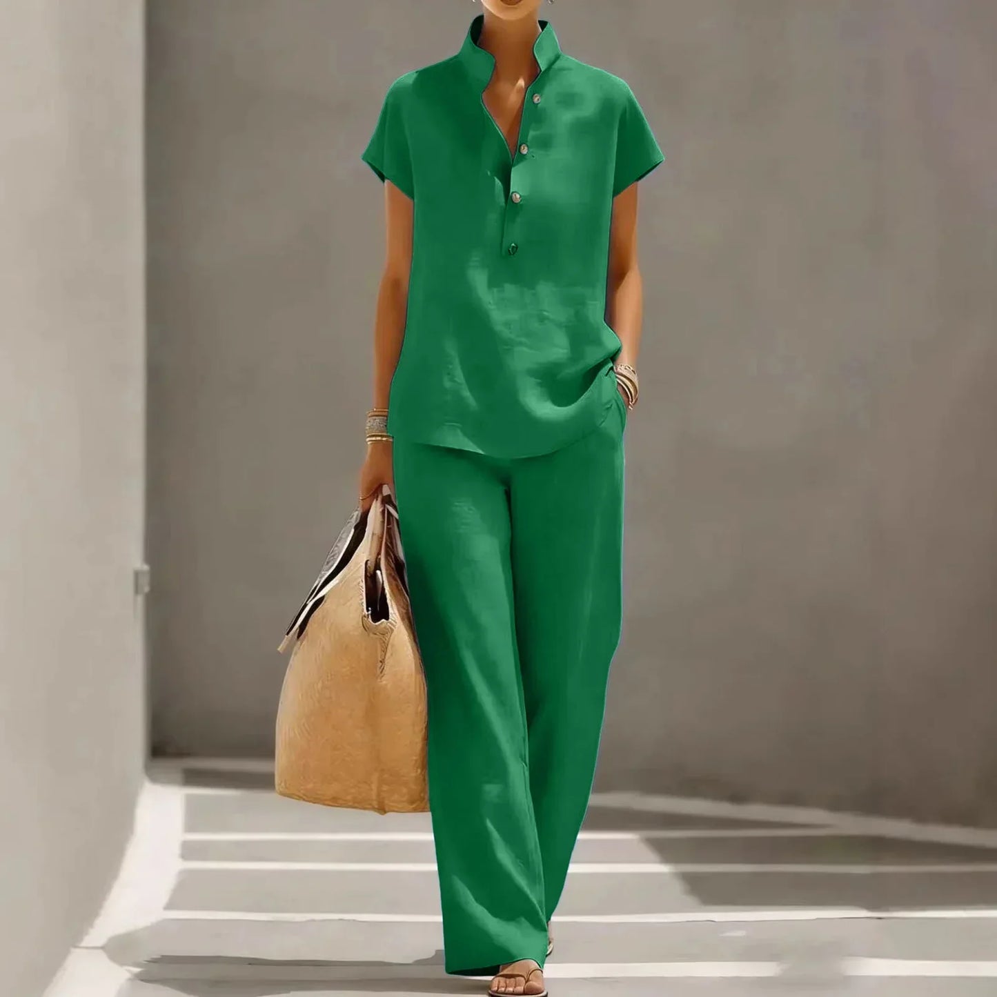 Relaxed Collared Buttoned Straight Long Set