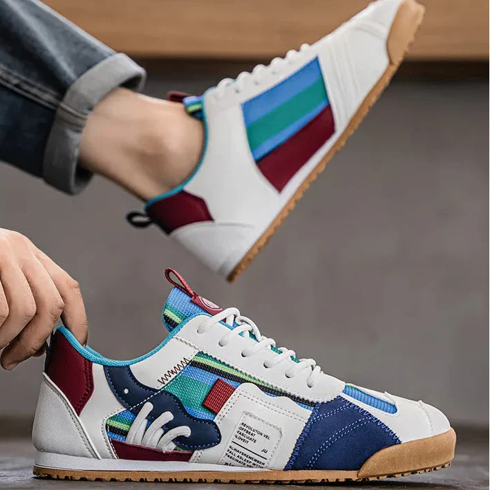 Patched Striped Rounded Textured Flat Sneakers