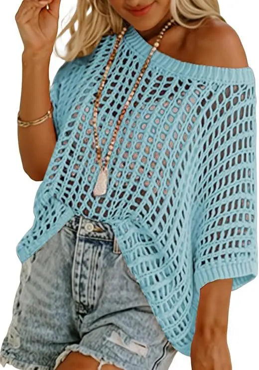 Women's Off-Shoulder Crochet Knit Cropped Sweater
