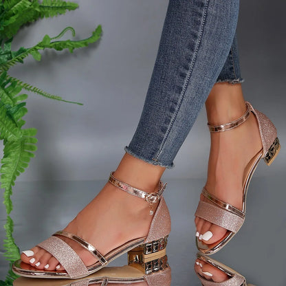 Open Toe Ankle Strap Low Block Sandals