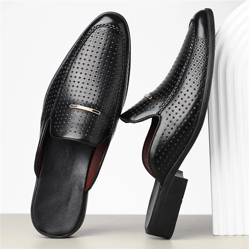 Perforated Backless Pointed Braided Low Heel Sandals