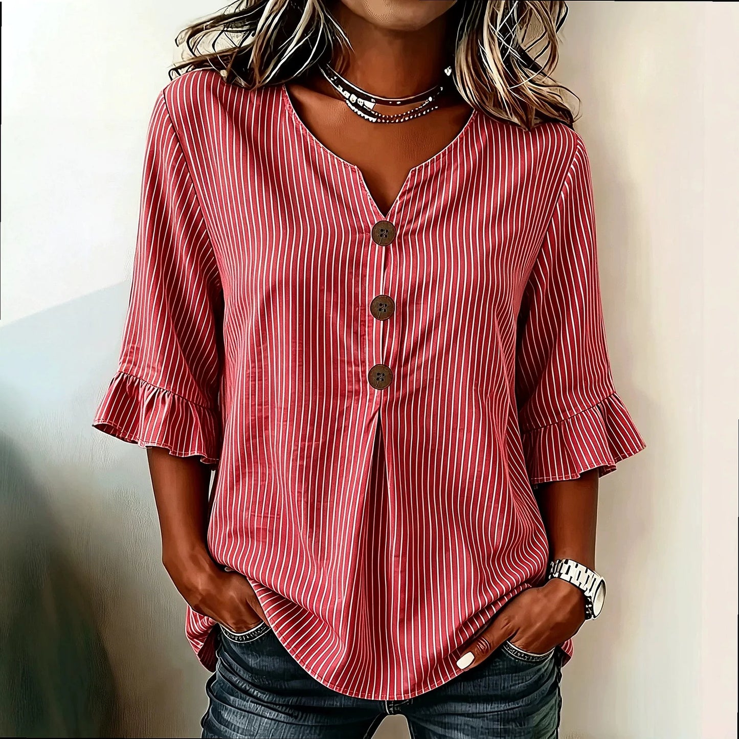 Striped Buttoned Ruffled Flared Pleated Relaxed Blouse