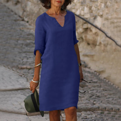 Straight Silhouette Split Neck Loose Fit Midi Dress
