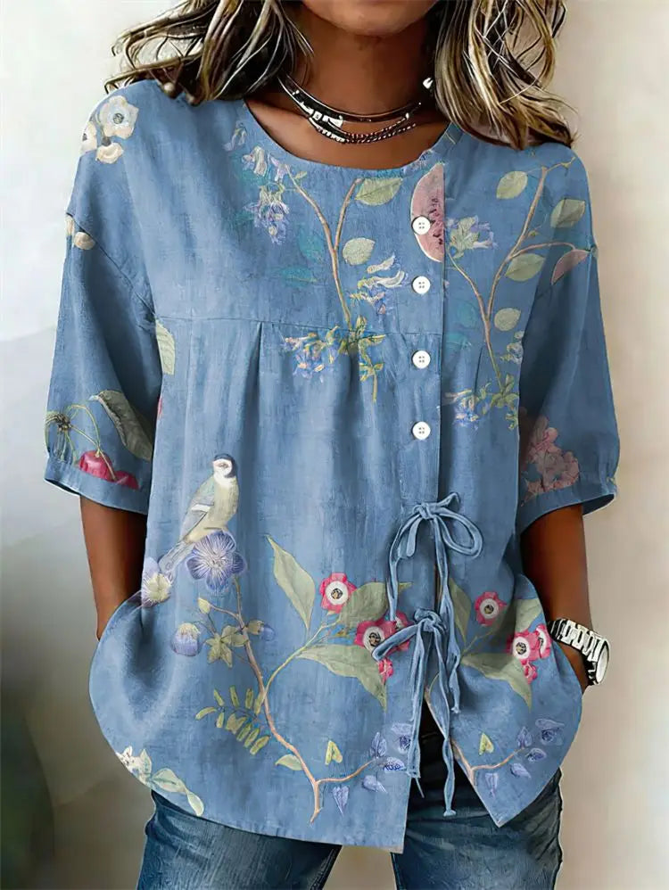 Crew Neck Side Tie Blouse