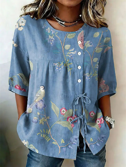 Crew Neck Side Tie Blouse