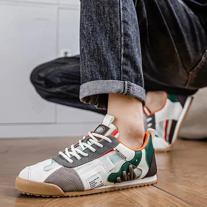 Patched Striped Rounded Textured Flat Sneakers
