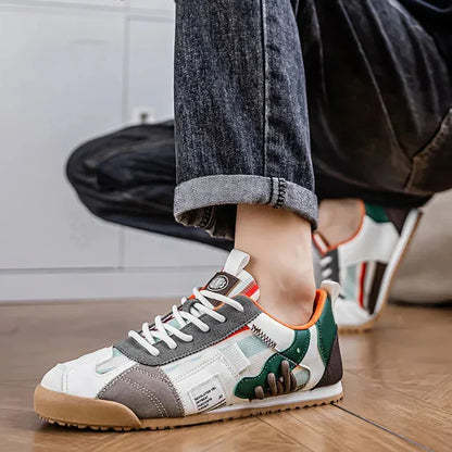 Patched Striped Rounded Textured Flat Sneakers