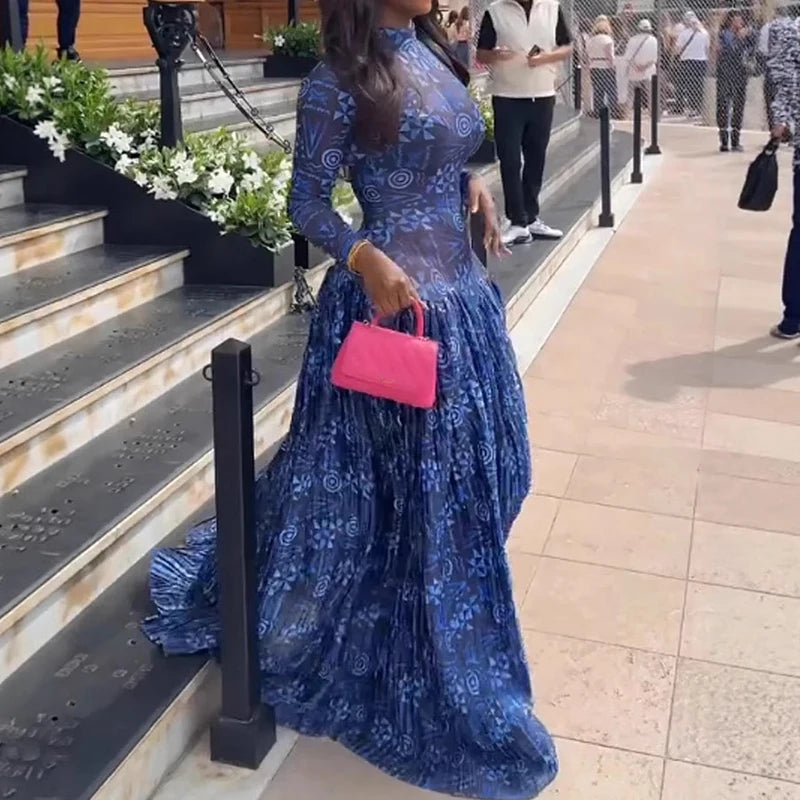 Fitted Banded Printed Gathered Flared Long Dress
