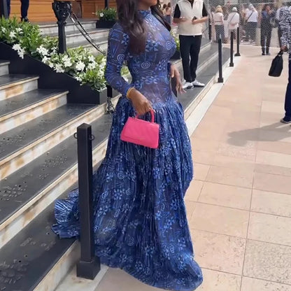 Fitted Banded Printed Gathered Flared Long Dress