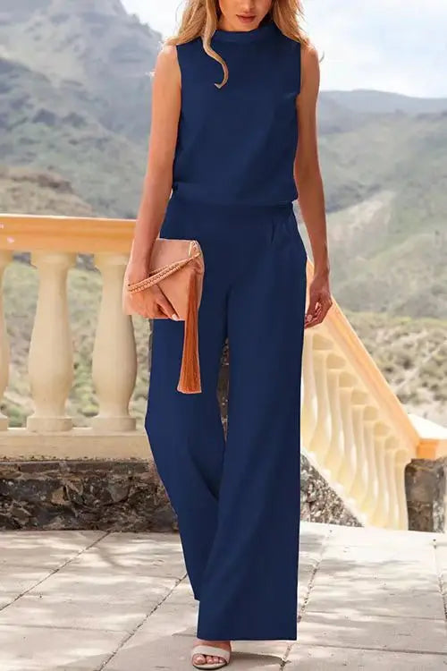 Round Neck Sleeveless Top and Wide Leg Trouser Set