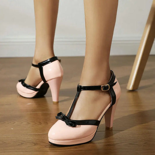 Two Tone Bow Decor T-Strap Block Platform Heels
